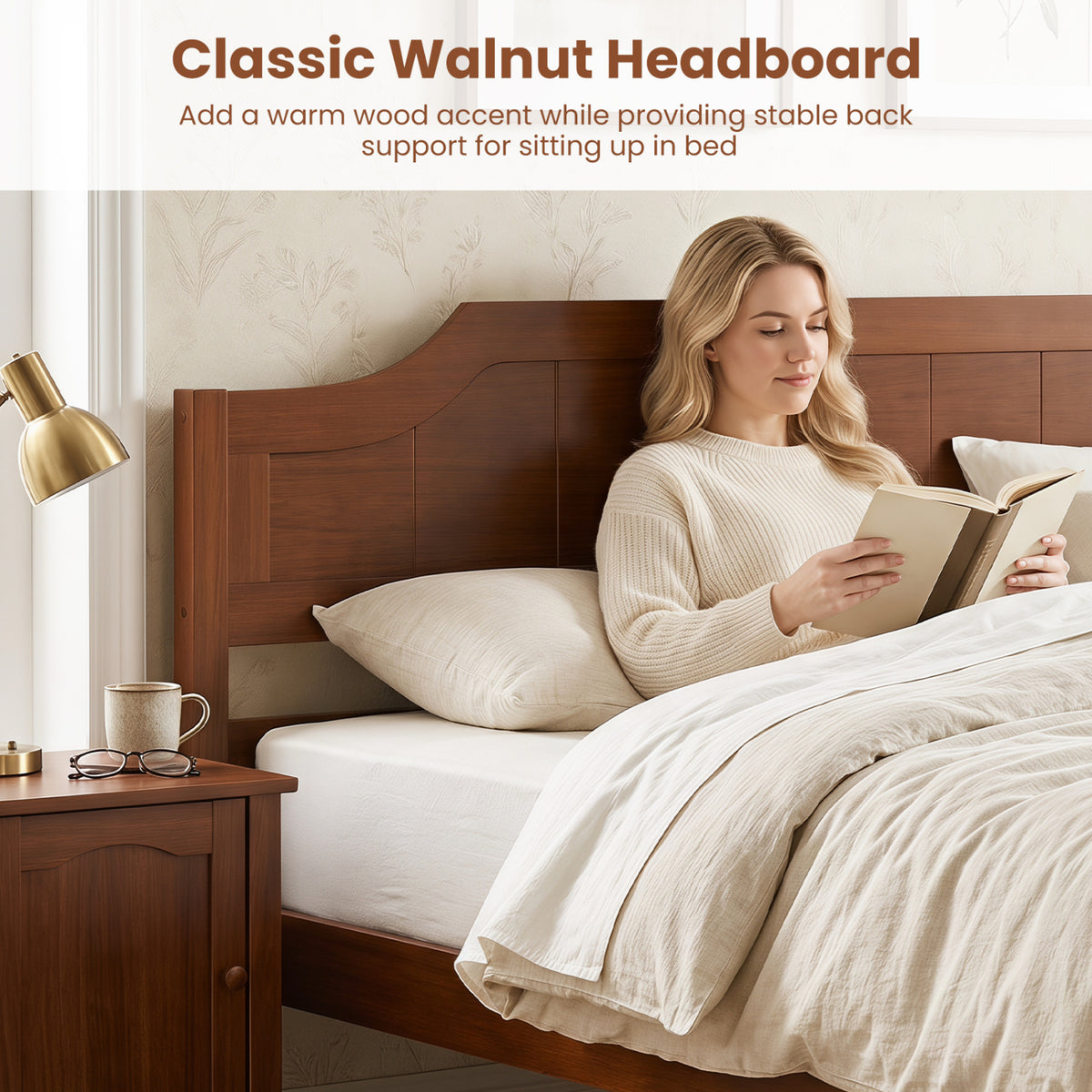 Multiple Size Solid Wood Platform Bed Frame with Headboard in Walnut