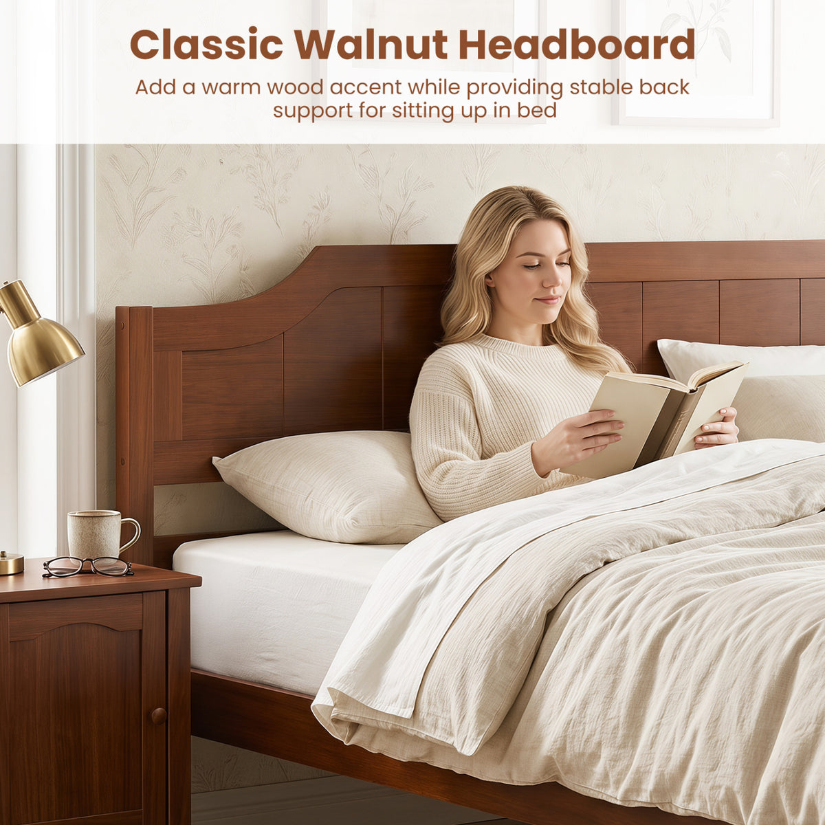 Multiple Size Solid Wood Platform Bed Frame with Headboard in Walnut