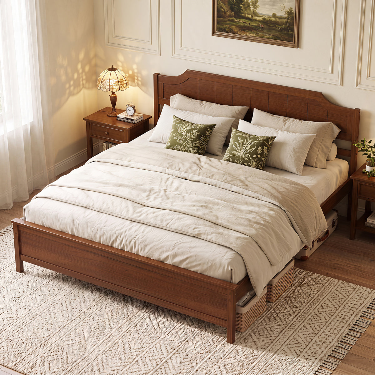 Multiple Size Solid Wood Platform Bed Frame with Headboard in Walnut