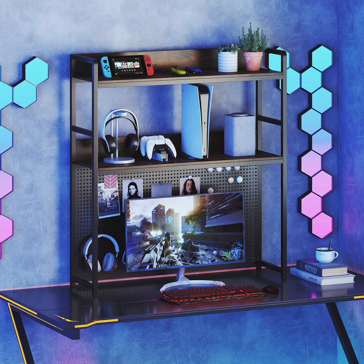 Multipurpose 2-Tier Desktop Bookshelf with Pegboard for up to 32 Inch Computer Monitor-Rustic Brown