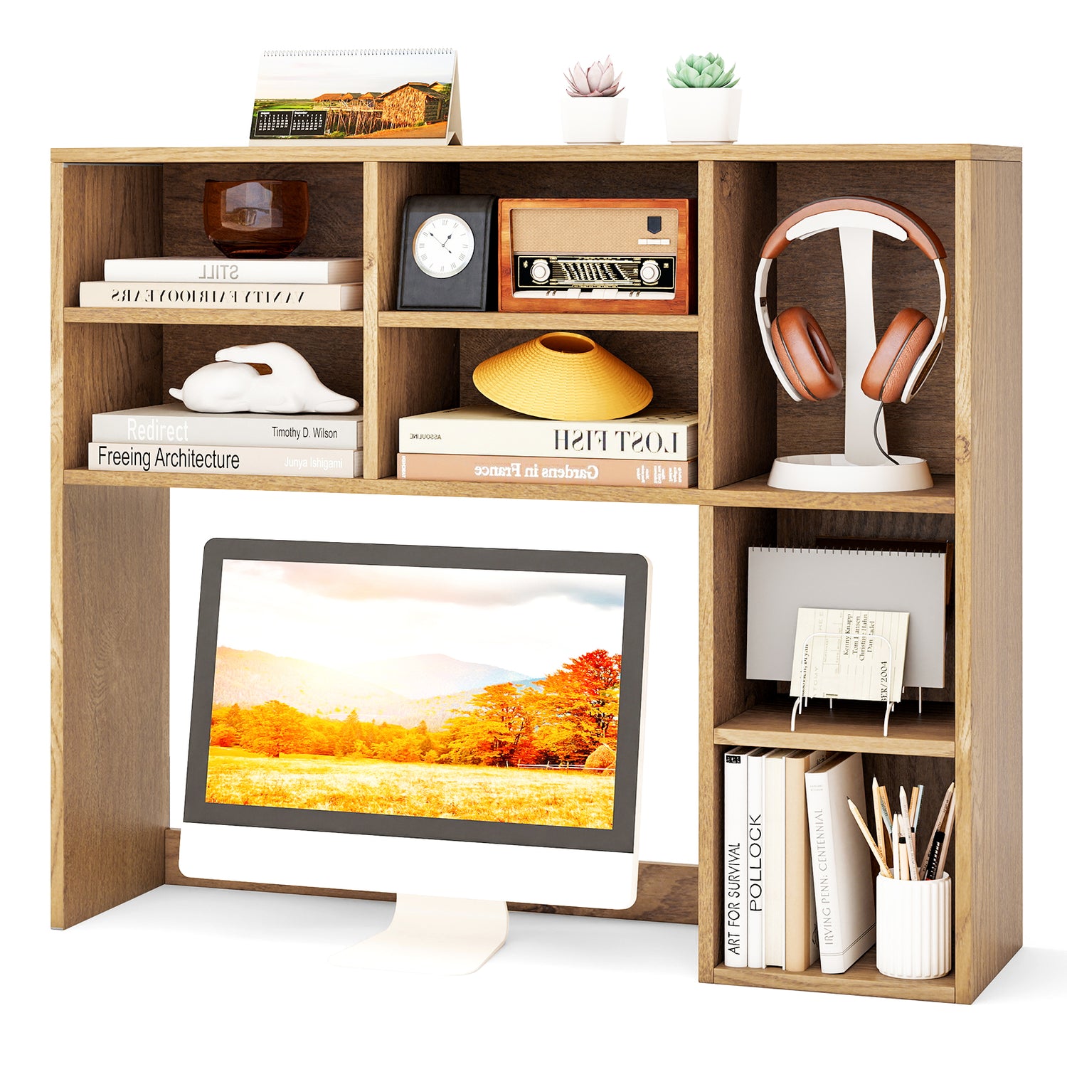 Desktop Bookshelf with 7 Open Cubbies and 3 Adjustable Shelves