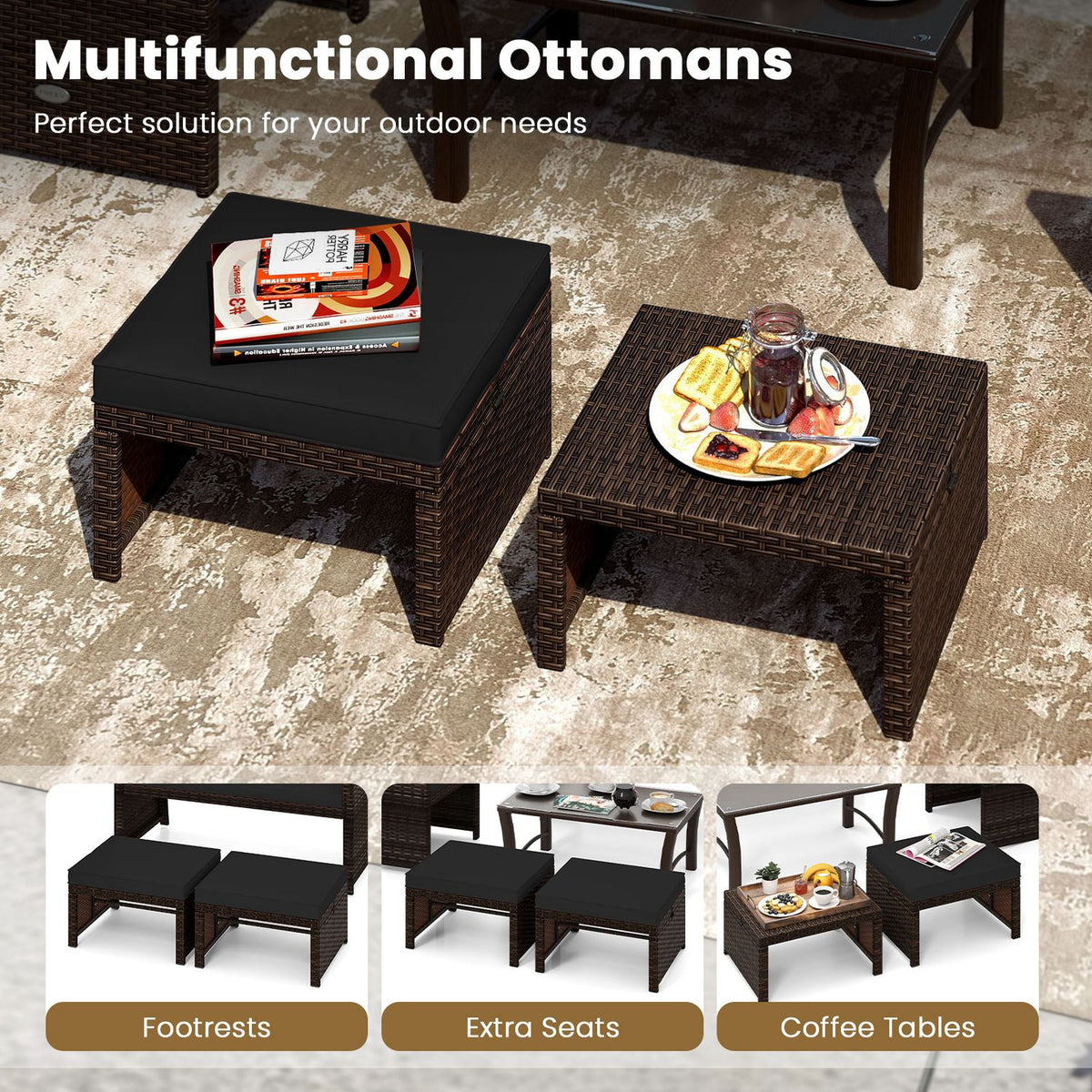 Multipurpose Outdoor 2 Pieces Patio PE Rattan Ottomans Footstool