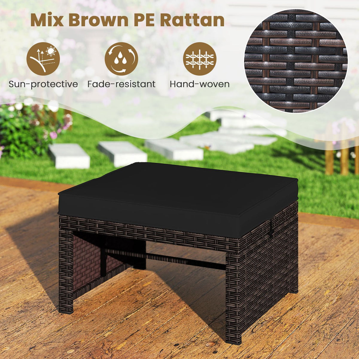 Multipurpose Outdoor 2 Pieces Patio PE Rattan Ottomans Footstool