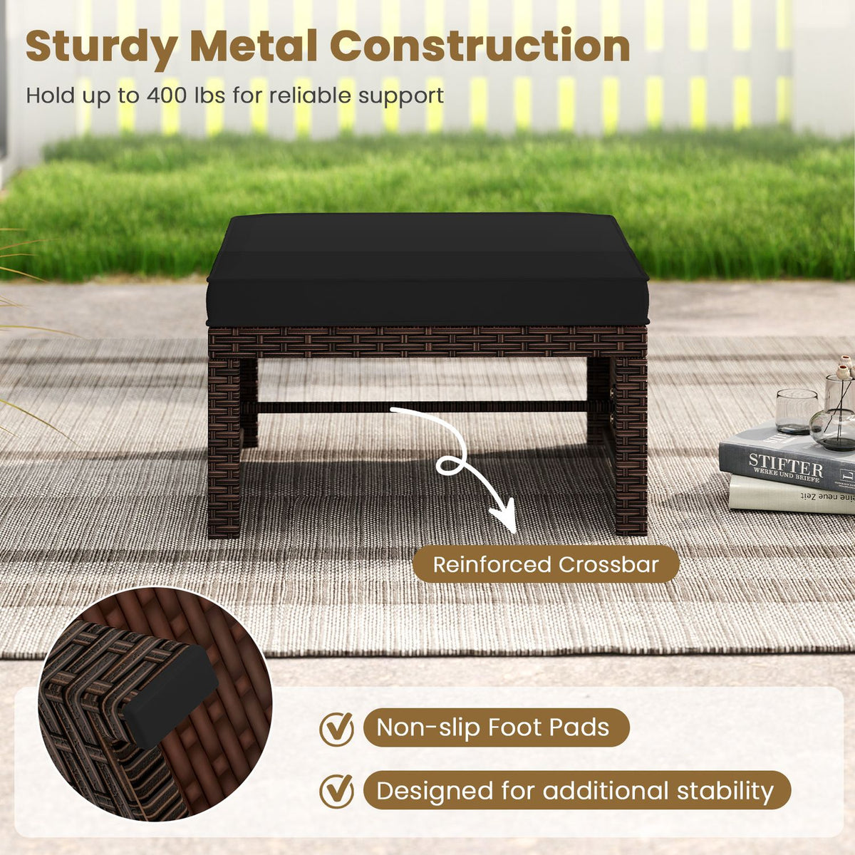 Multipurpose Outdoor 2 Pieces Patio PE Rattan Ottomans Footstool