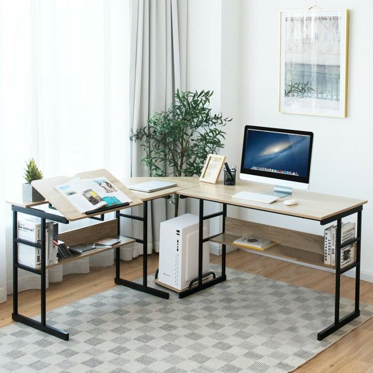 Modern Metal Wood Corner L-Shaped Computer Desk with Tilt Tabletop