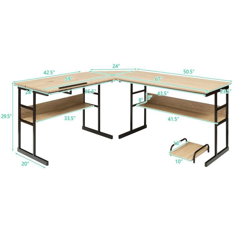 Modern Metal Wood Corner L-Shaped Computer Desk with Tilt Tabletop