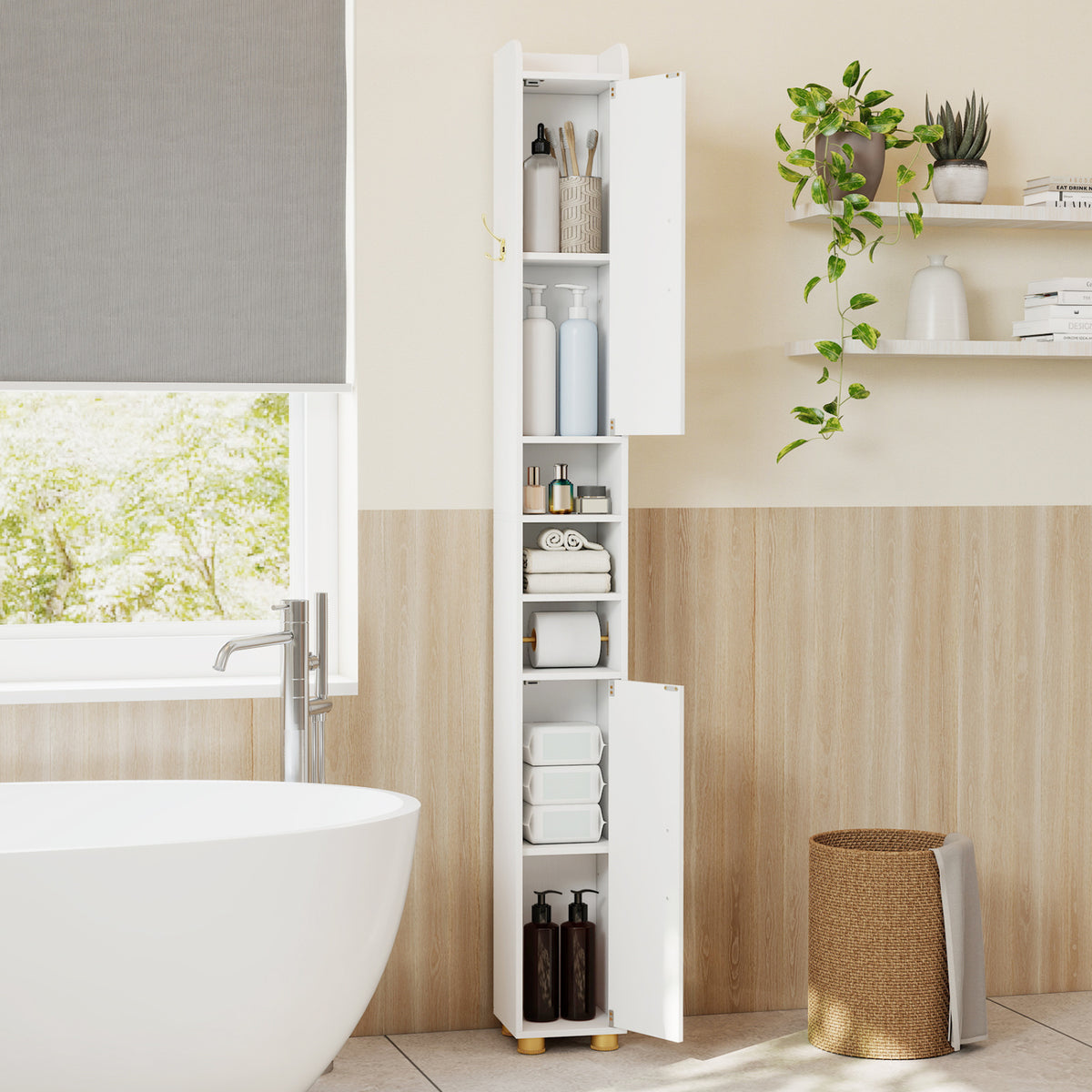 Narrow Bathroom Storage Cabinet with Open Shelves and Toilet Paper Holder