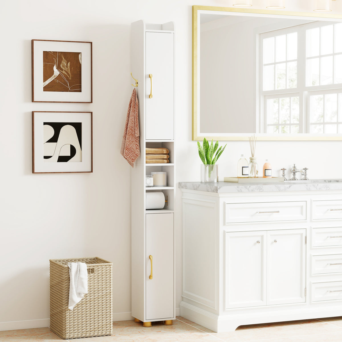 Narrow Bathroom Storage Cabinet with Open Shelves and Toilet Paper Holder