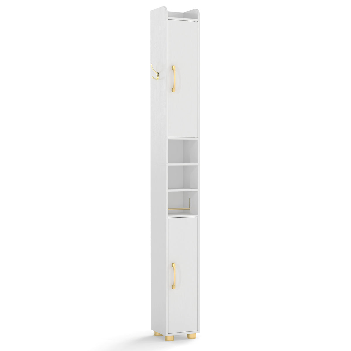 Narrow Bathroom Storage Cabinet with Open Shelves and Toilet Paper Holder
