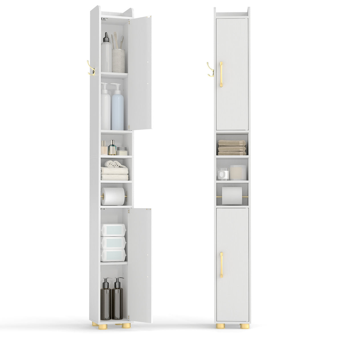 Narrow Bathroom Storage Cabinet with Open Shelves and Toilet Paper Holder
