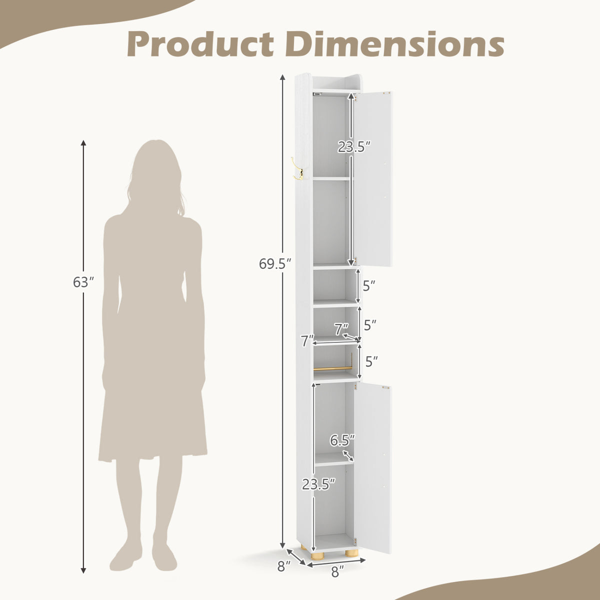 Narrow Bathroom Storage Cabinet with Open Shelves and Toilet Paper Holder