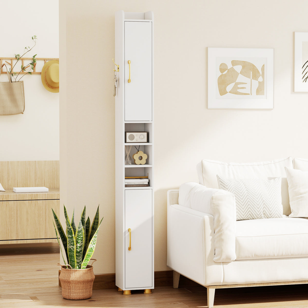 Narrow Bathroom Storage Cabinet with Open Shelves and Toilet Paper Holder
