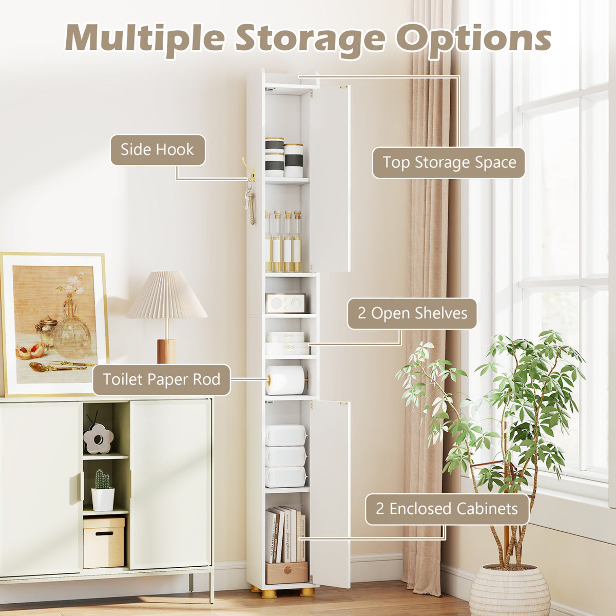 Narrow Bathroom Storage Cabinet with Open Shelves and Toilet Paper Holder