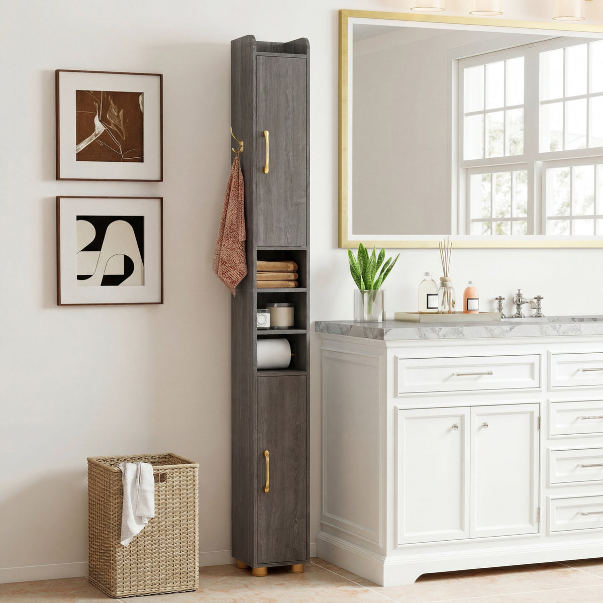 Narrow Bathroom Storage Cabinet with Open Shelves and Toilet Paper Holder