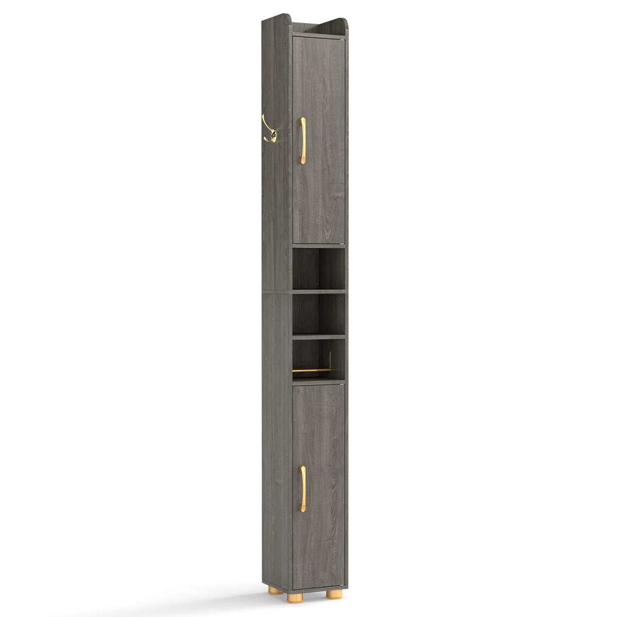 Narrow Bathroom Storage Cabinet with Open Shelves and Toilet Paper Holder