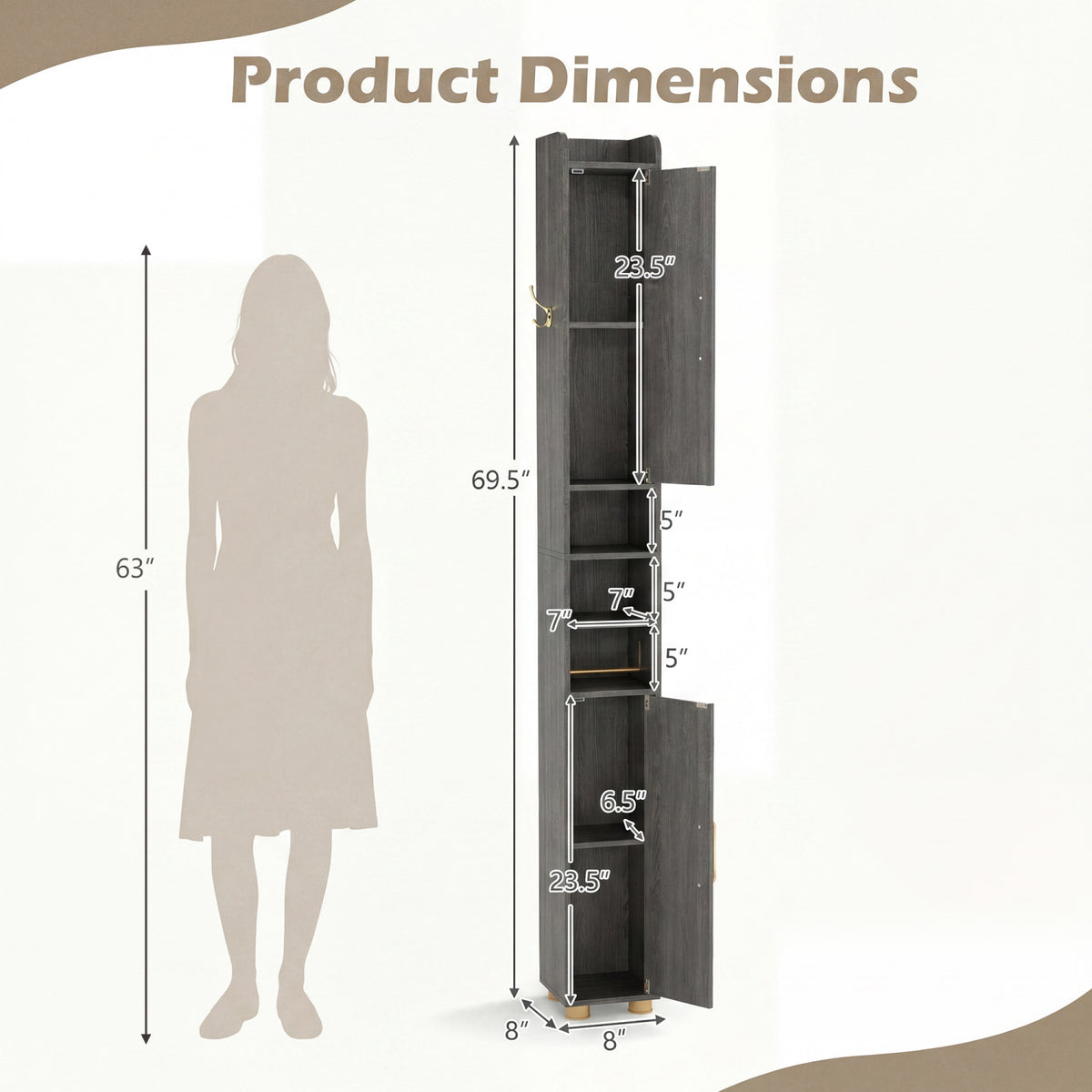 Narrow Bathroom Storage Cabinet with Open Shelves and Toilet Paper Holder