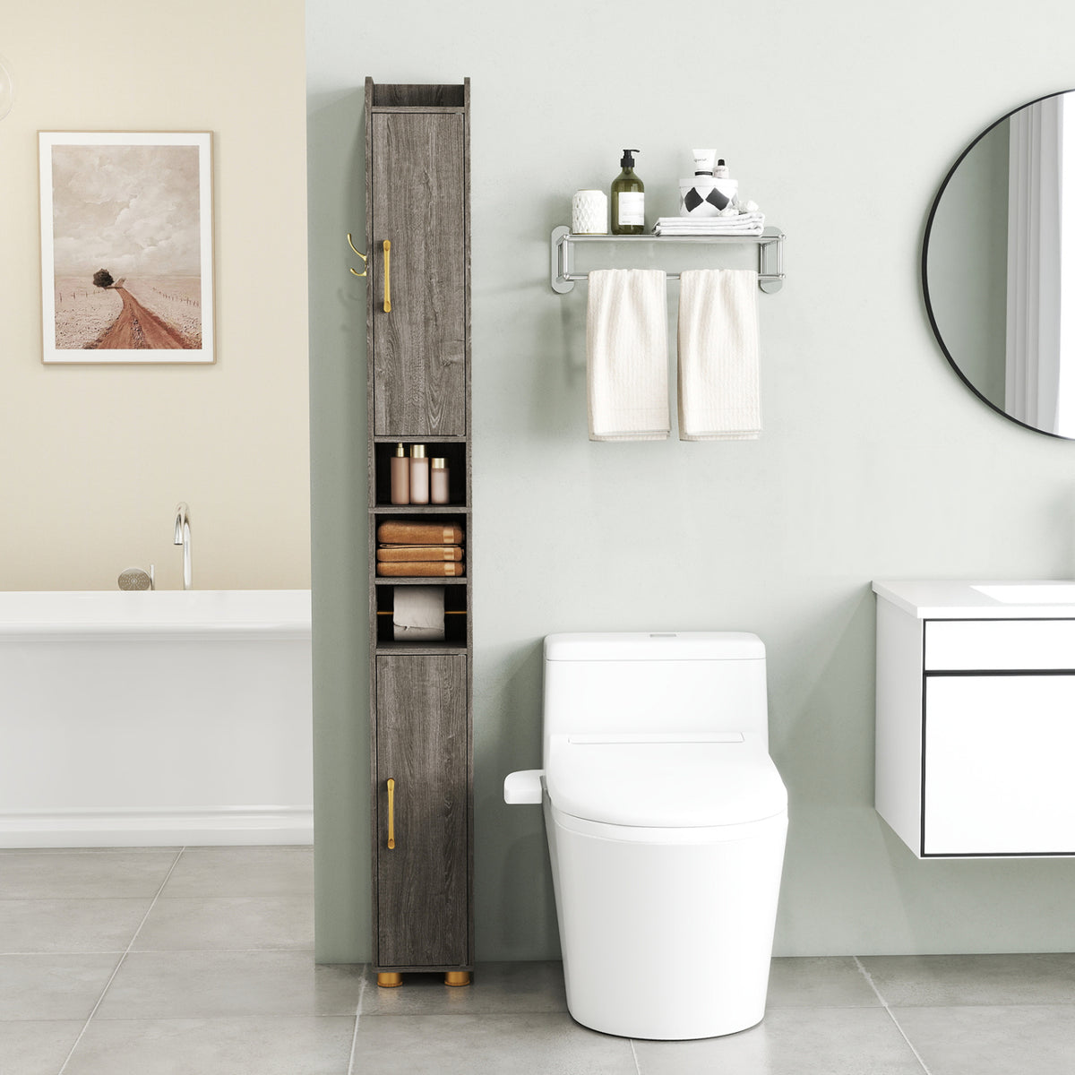 Narrow Bathroom Storage Cabinet with Open Shelves and Toilet Paper Holder