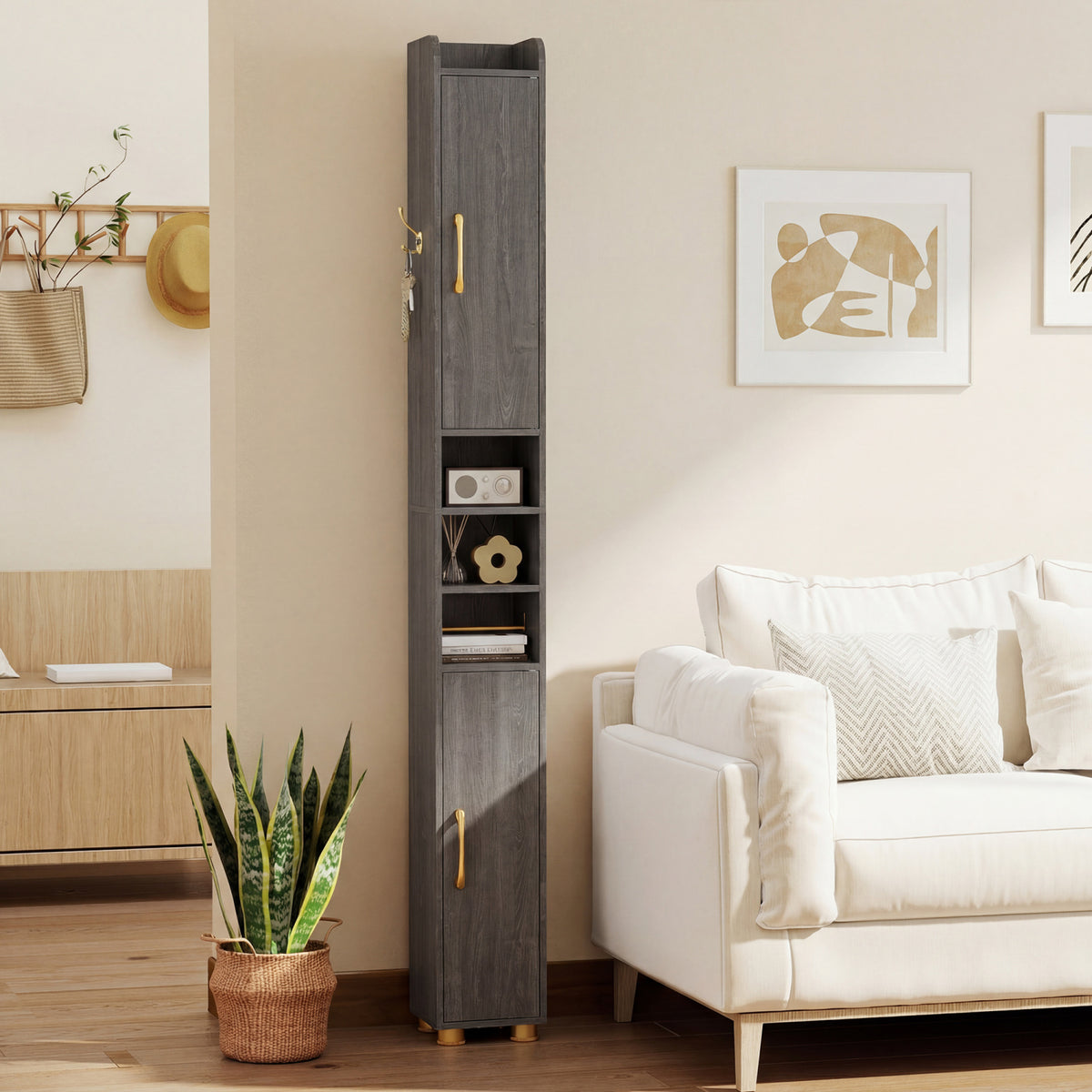 Narrow Bathroom Storage Cabinet with Open Shelves and Toilet Paper Holder