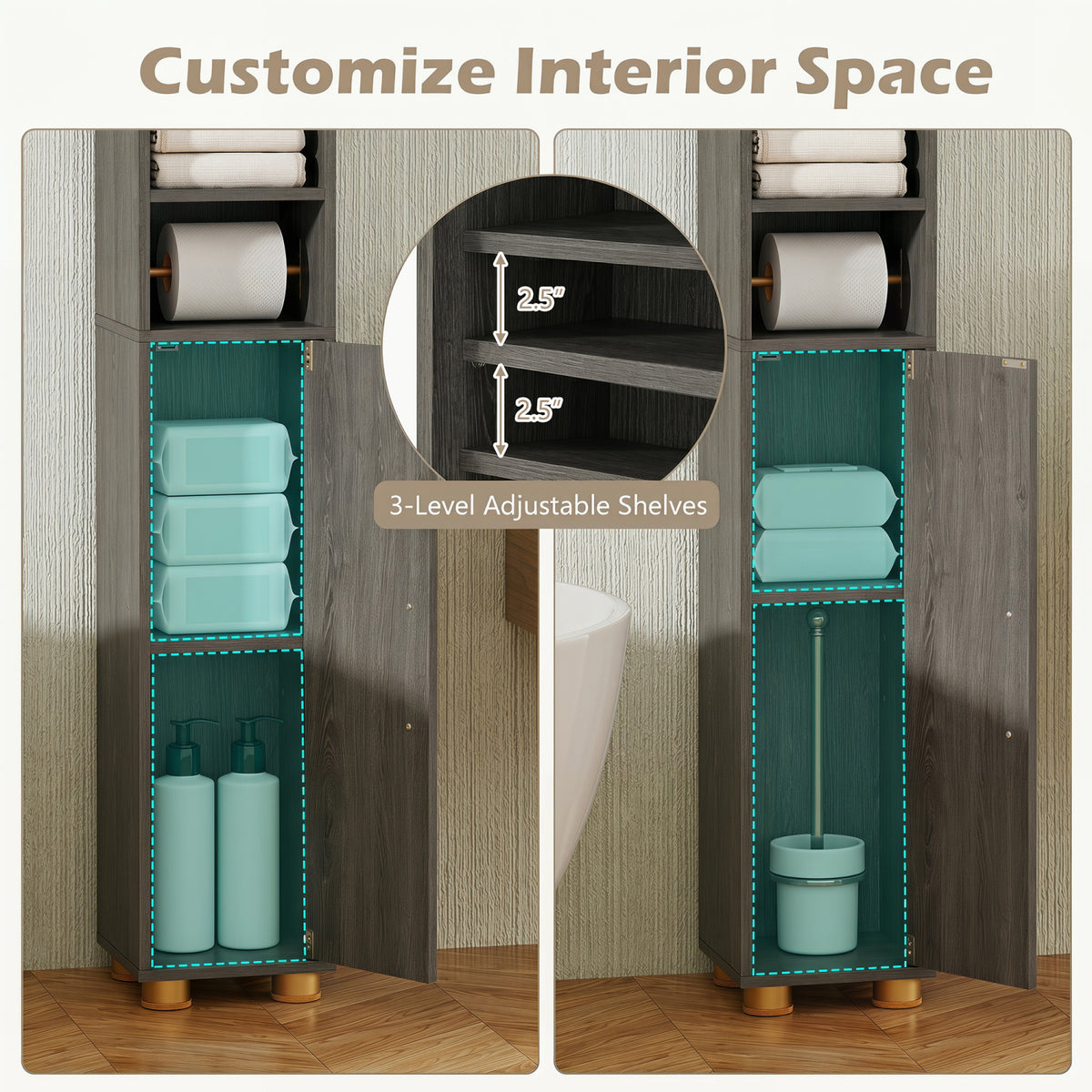 Narrow Bathroom Storage Cabinet with Open Shelves and Toilet Paper Holder