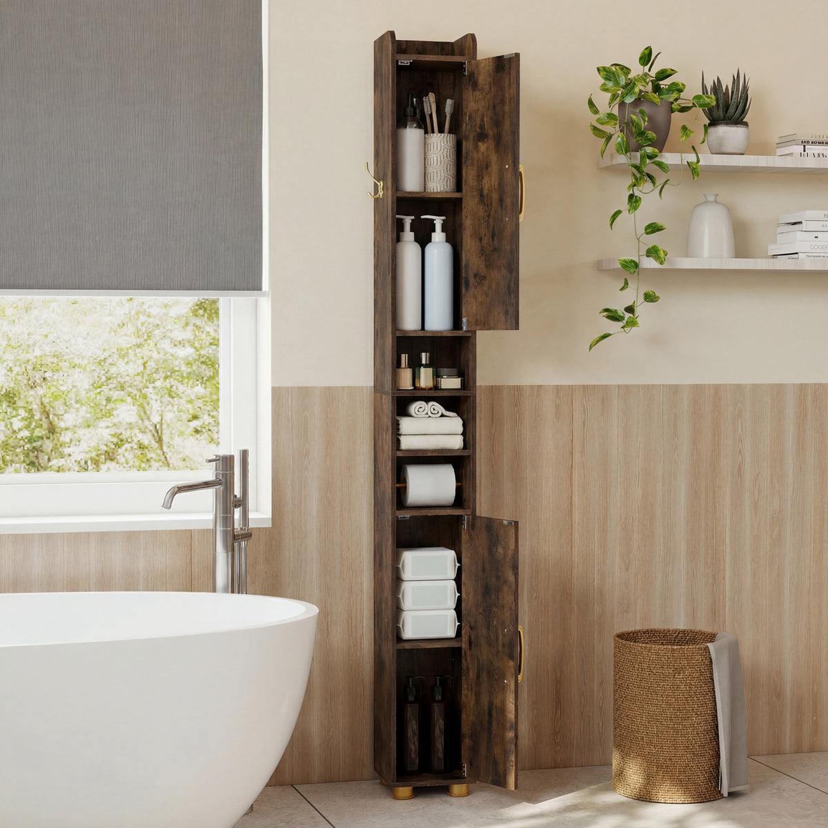 Narrow Bathroom Storage Cabinet with Open Shelves and Toilet Paper Holder