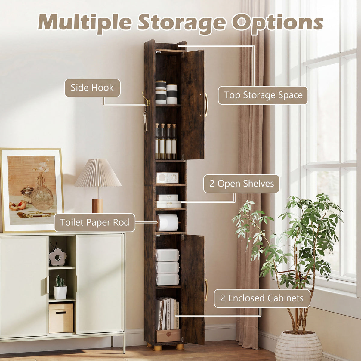 Narrow Bathroom Storage Cabinet with Open Shelves and Toilet Paper Holder