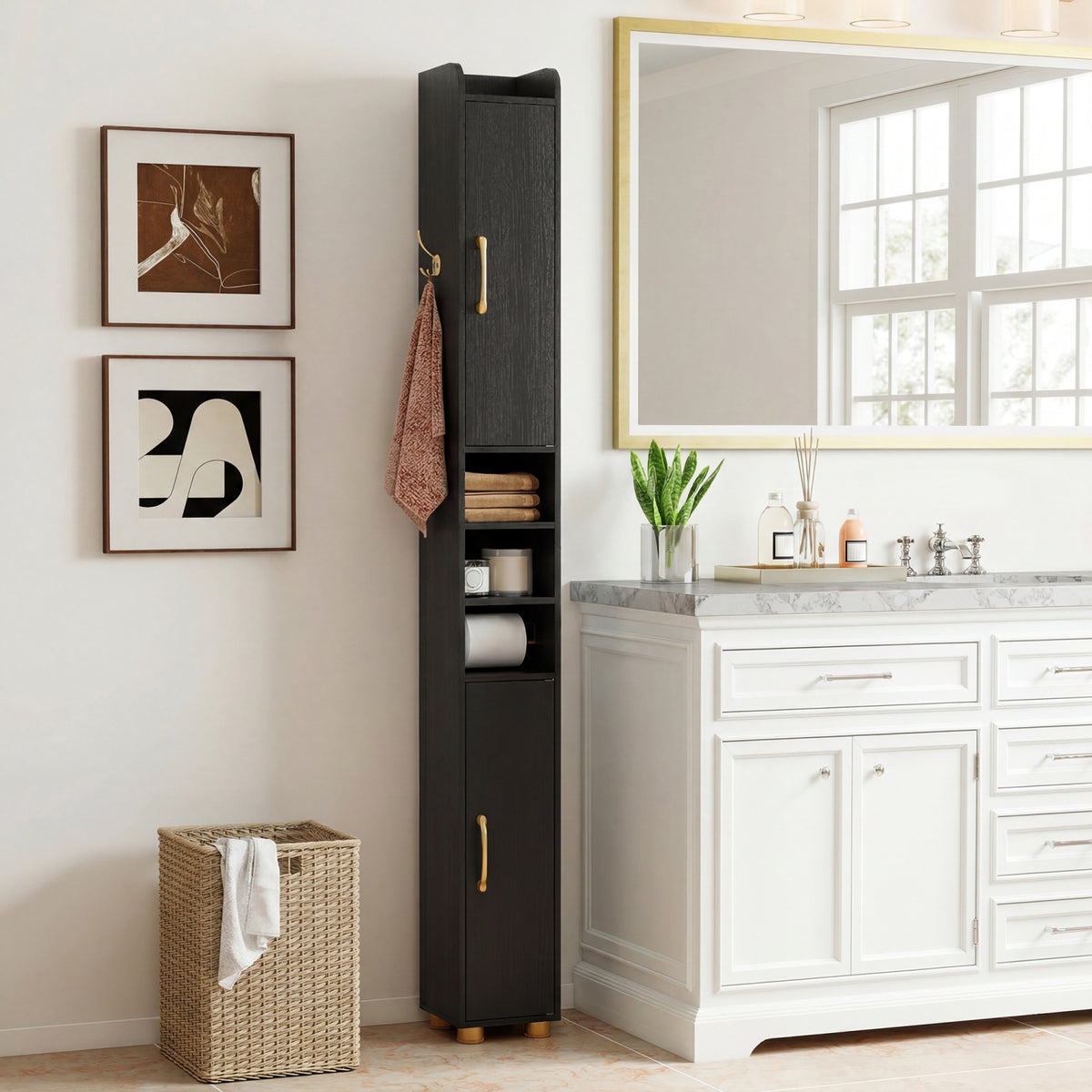 Narrow Bathroom Storage Cabinet with Open Shelves and Toilet Paper Holder