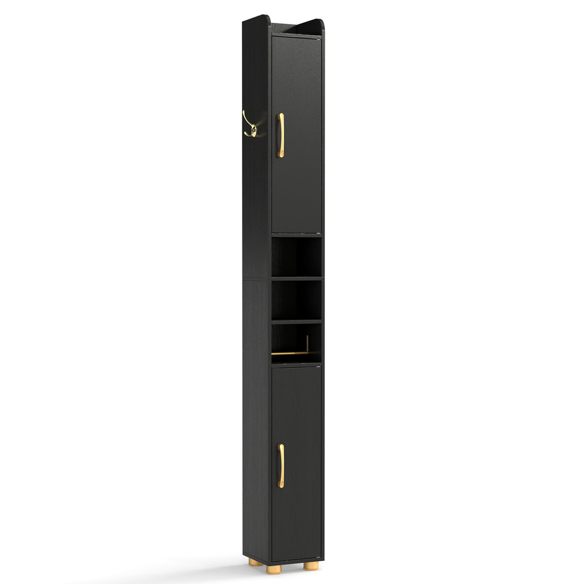 Narrow Bathroom Storage Cabinet with Open Shelves and Toilet Paper Holder