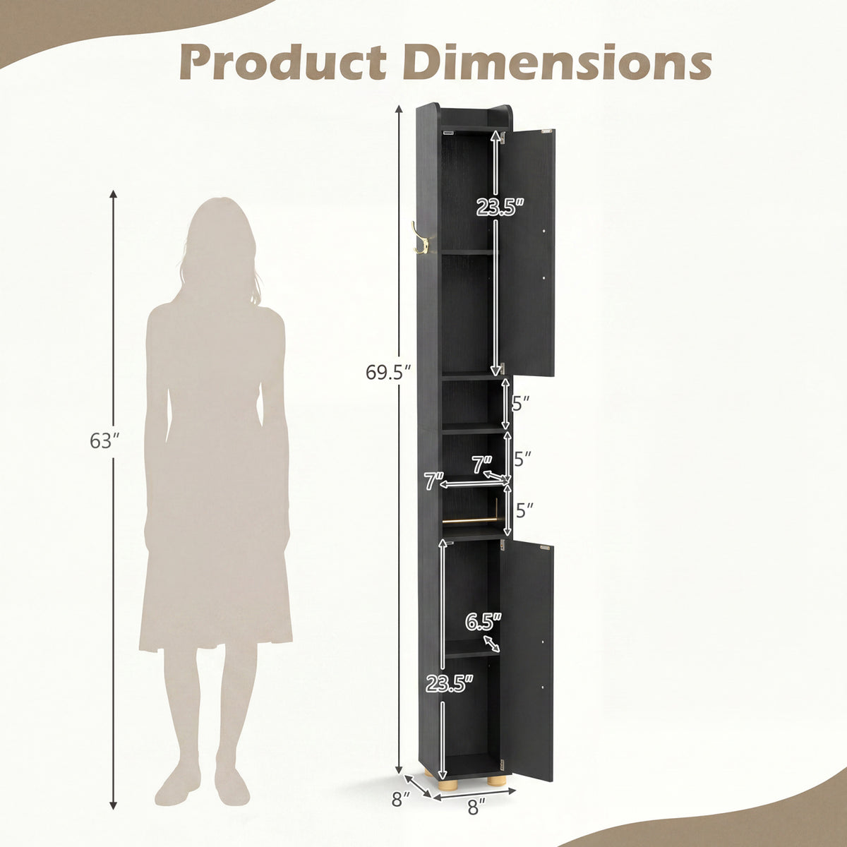 Narrow Bathroom Storage Cabinet with Open Shelves and Toilet Paper Holder