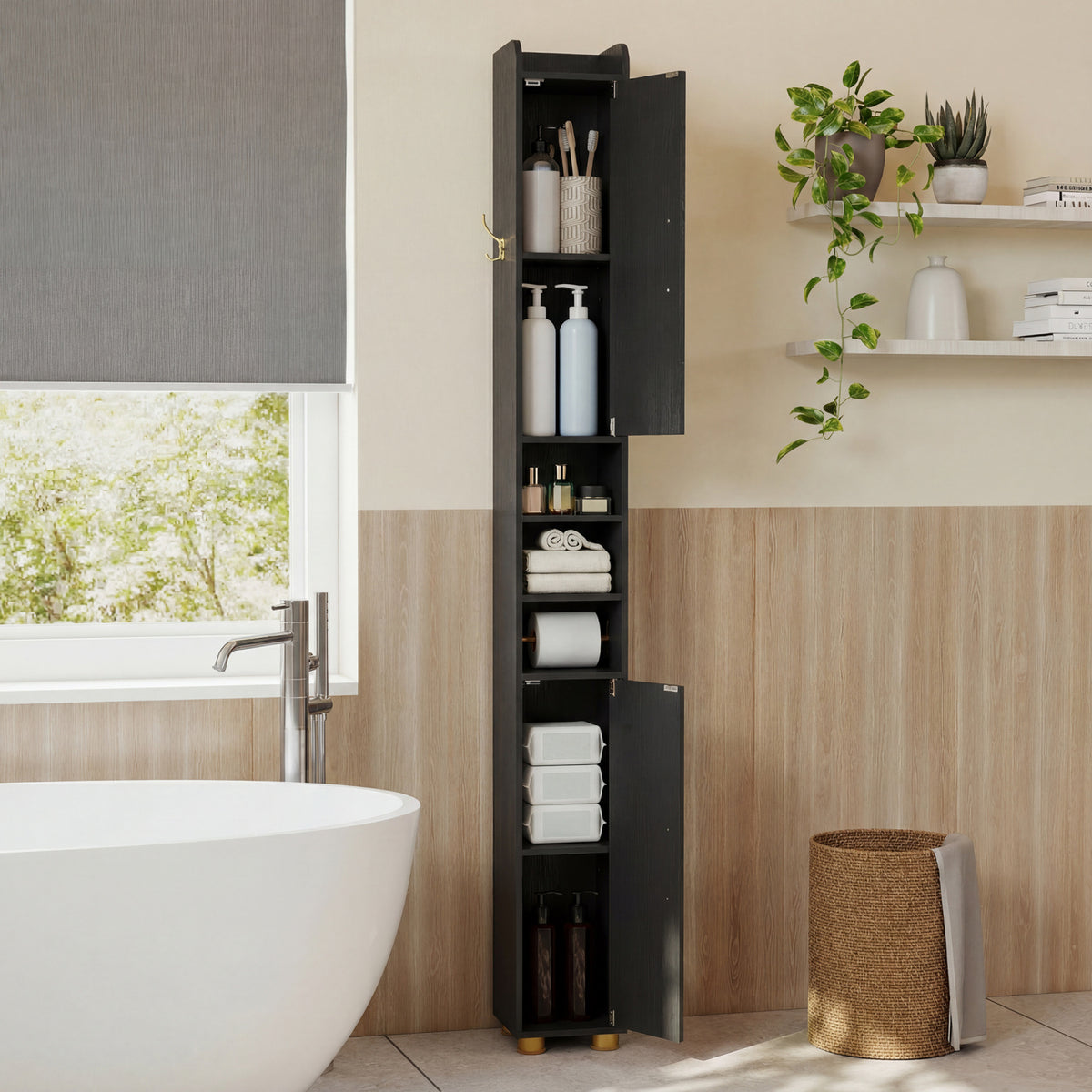 Narrow Bathroom Storage Cabinet with Open Shelves and Toilet Paper Holder