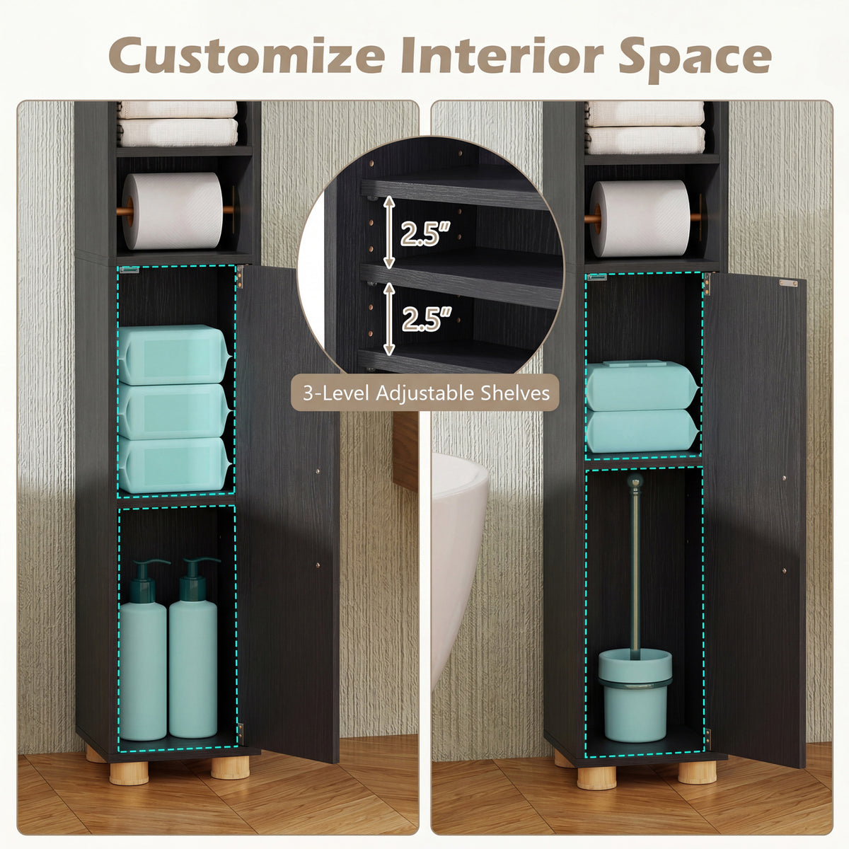 Narrow Bathroom Storage Cabinet with Open Shelves and Toilet Paper Holder