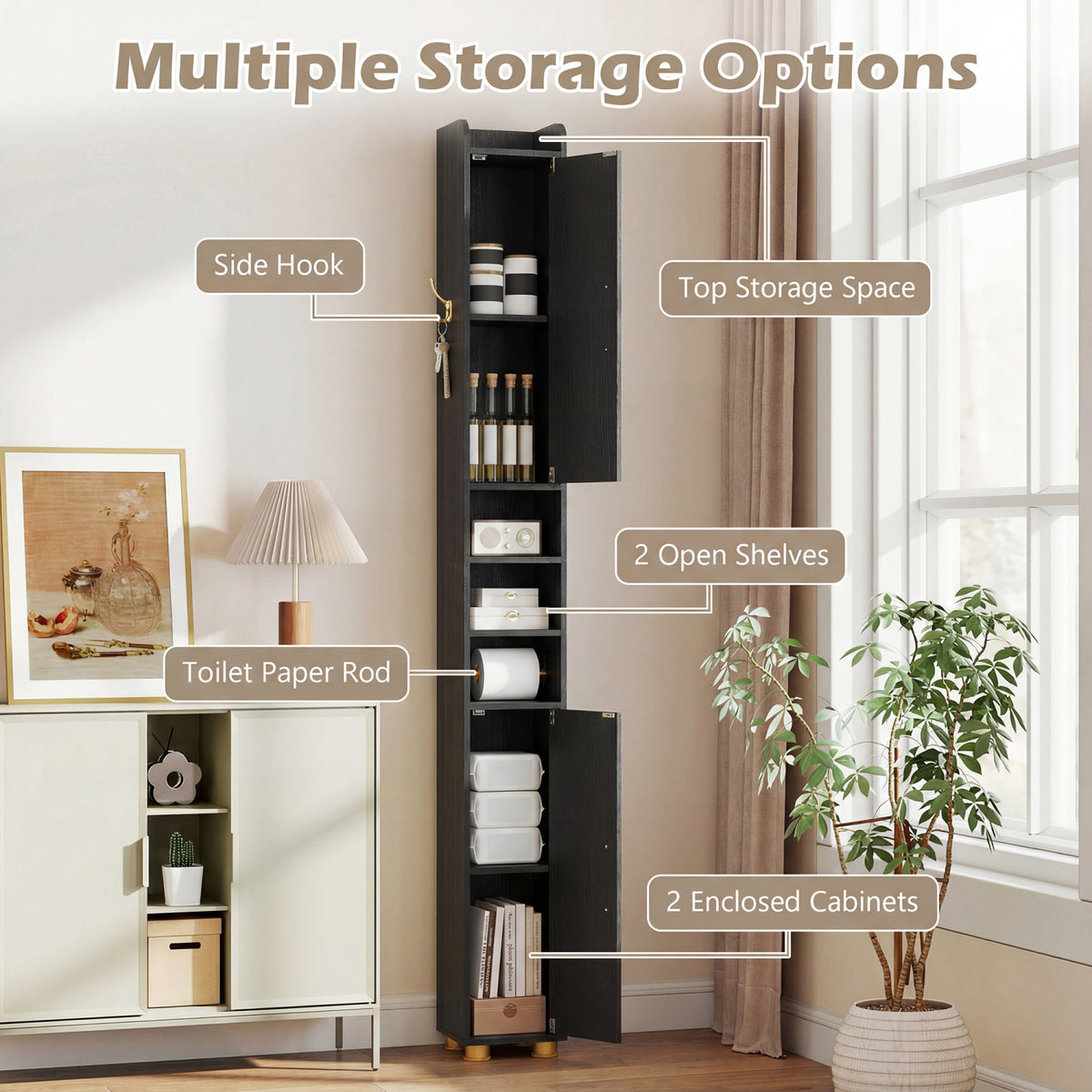 Narrow Bathroom Storage Cabinet with Open Shelves and Toilet Paper Holder