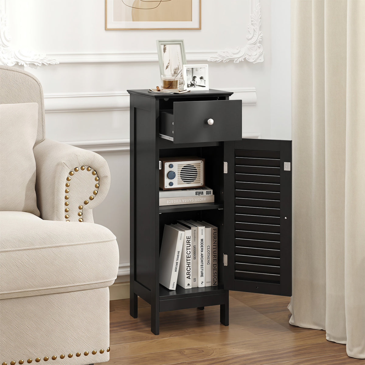 Narrow Bathroom Storage Cabinet with Adjustable Shelf and Drawer