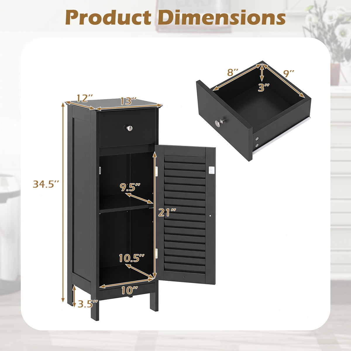 Narrow Bathroom Storage Cabinet with Adjustable Shelf and Drawer
