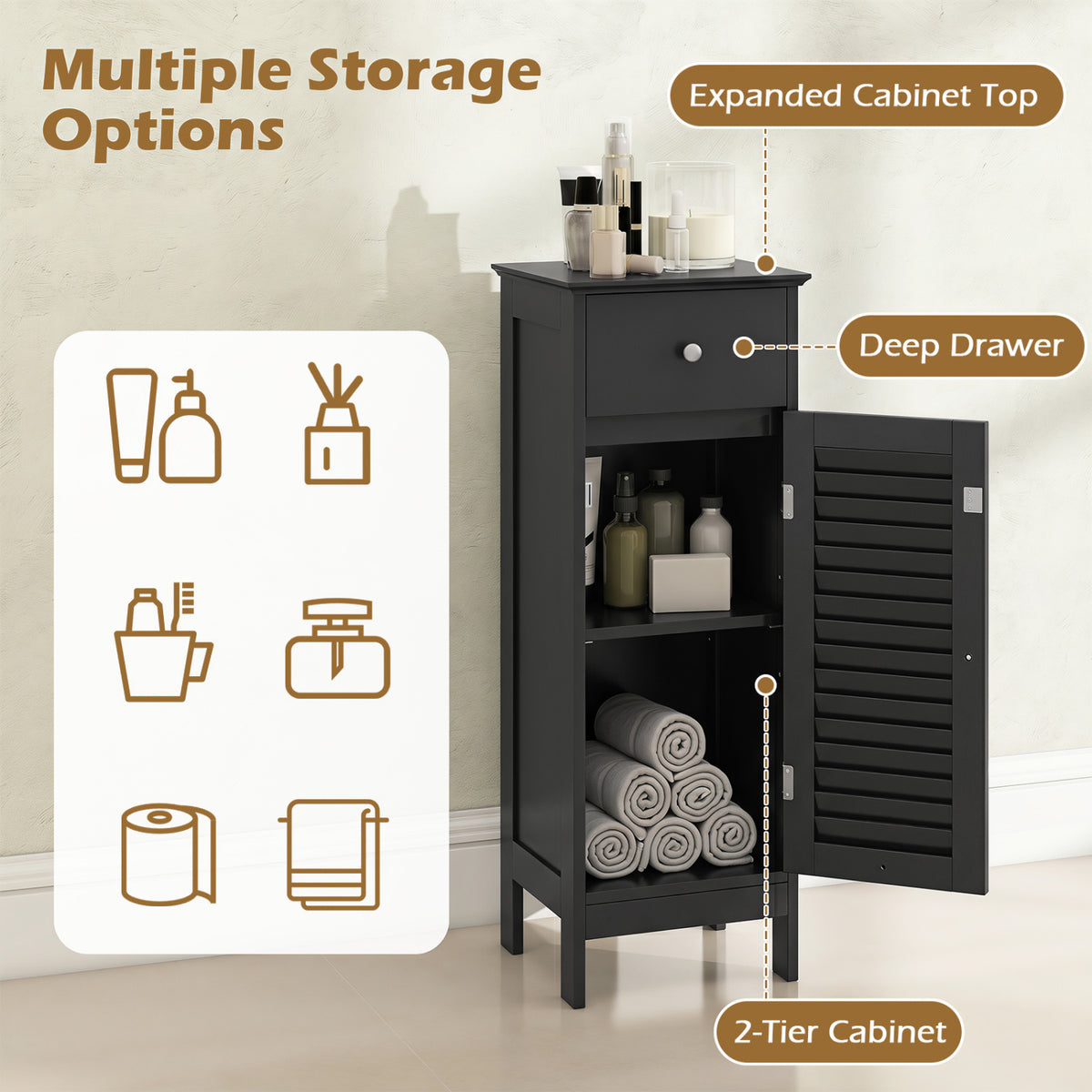 Narrow Bathroom Storage Cabinet with Adjustable Shelf and Drawer