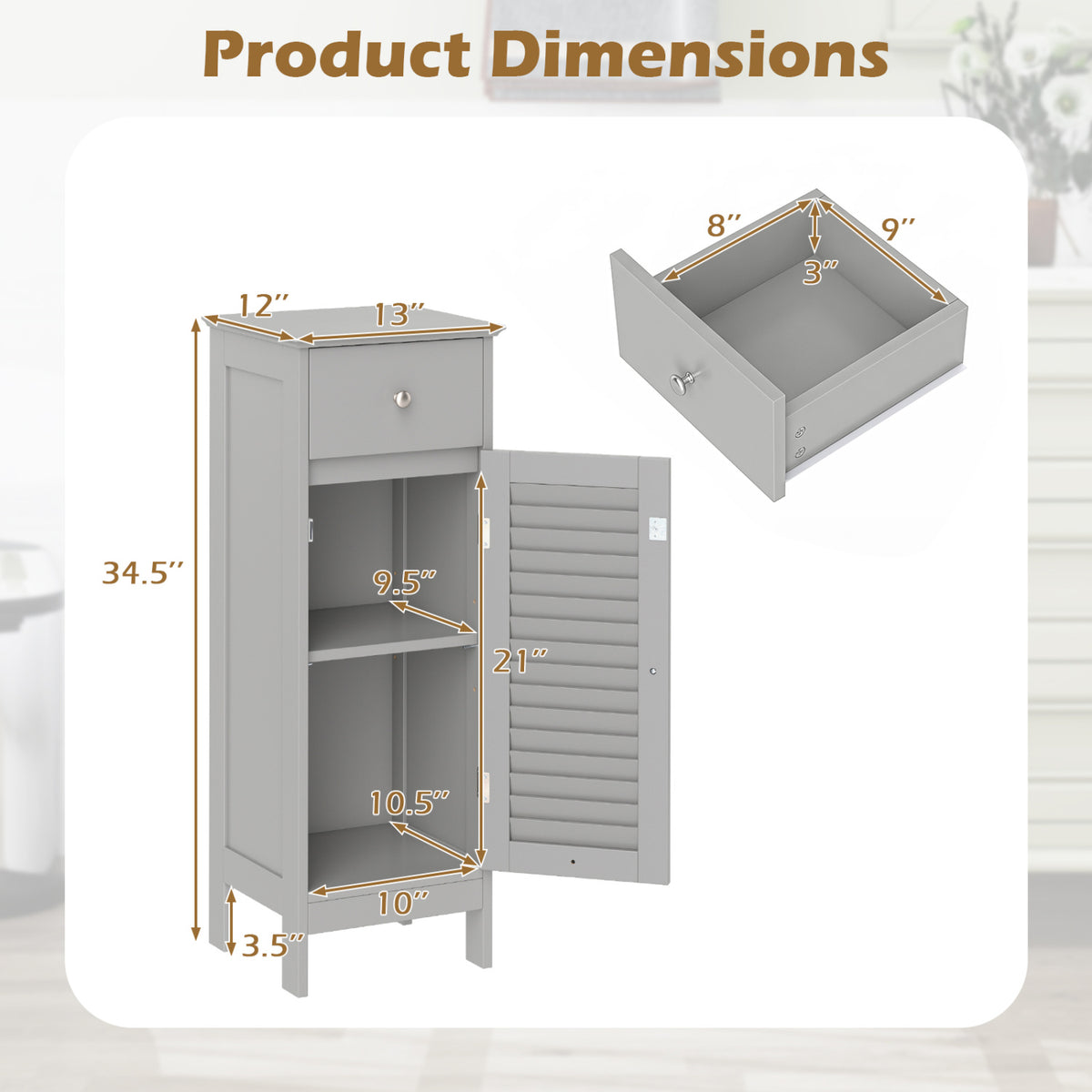 Narrow Bathroom Storage Cabinet with Adjustable Shelf and Drawer