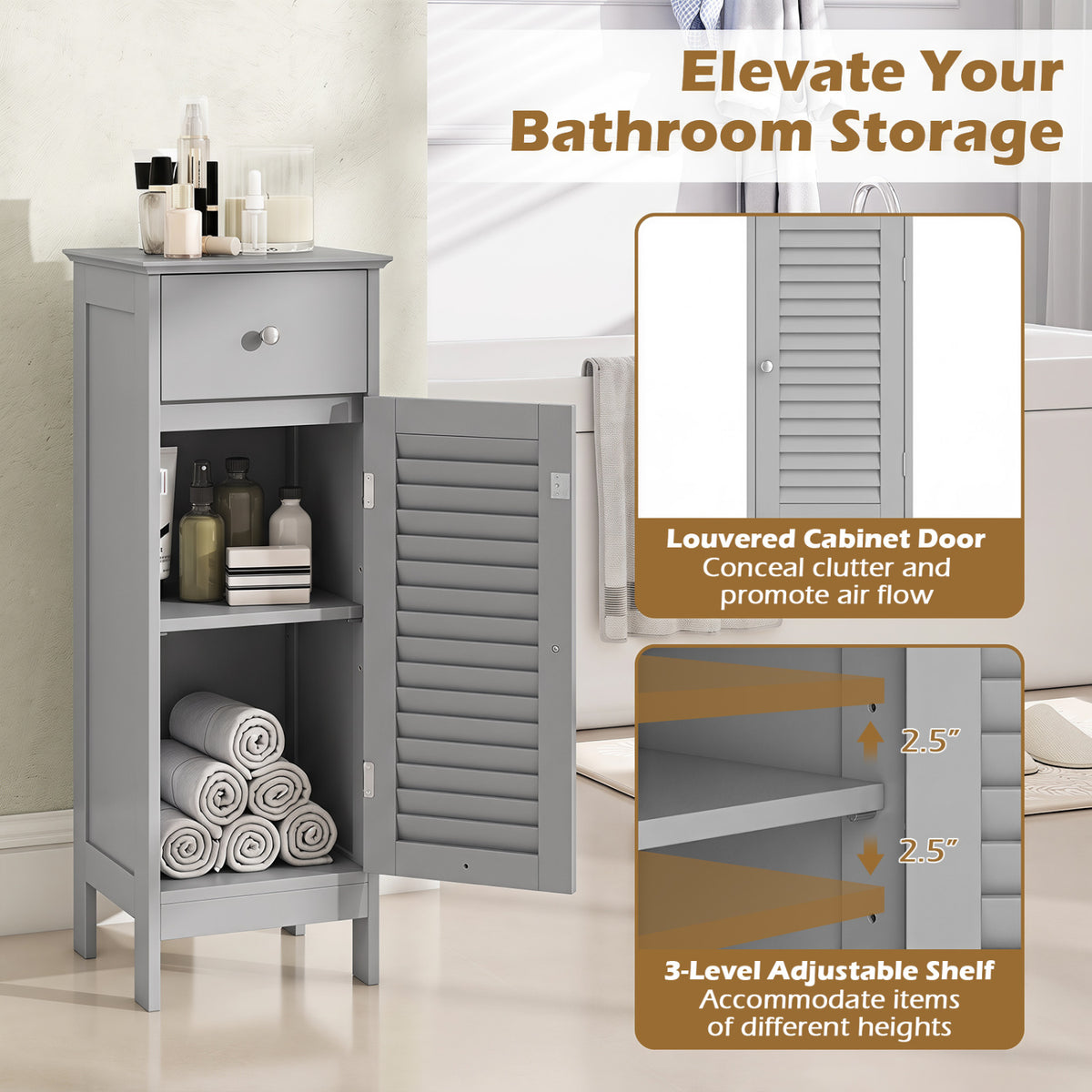 Narrow Bathroom Storage Cabinet with Adjustable Shelf and Drawer