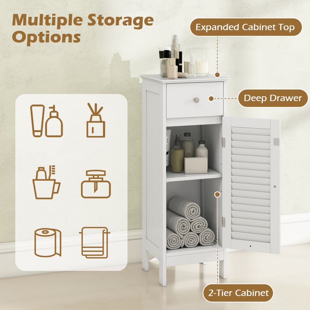 Narrow Bathroom Storage Cabinet with Adjustable Shelf and Drawer