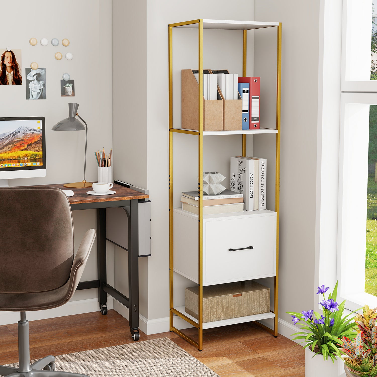 5-Tier Narrow Bookcase with 4 Open Shelves and Storage Drawer