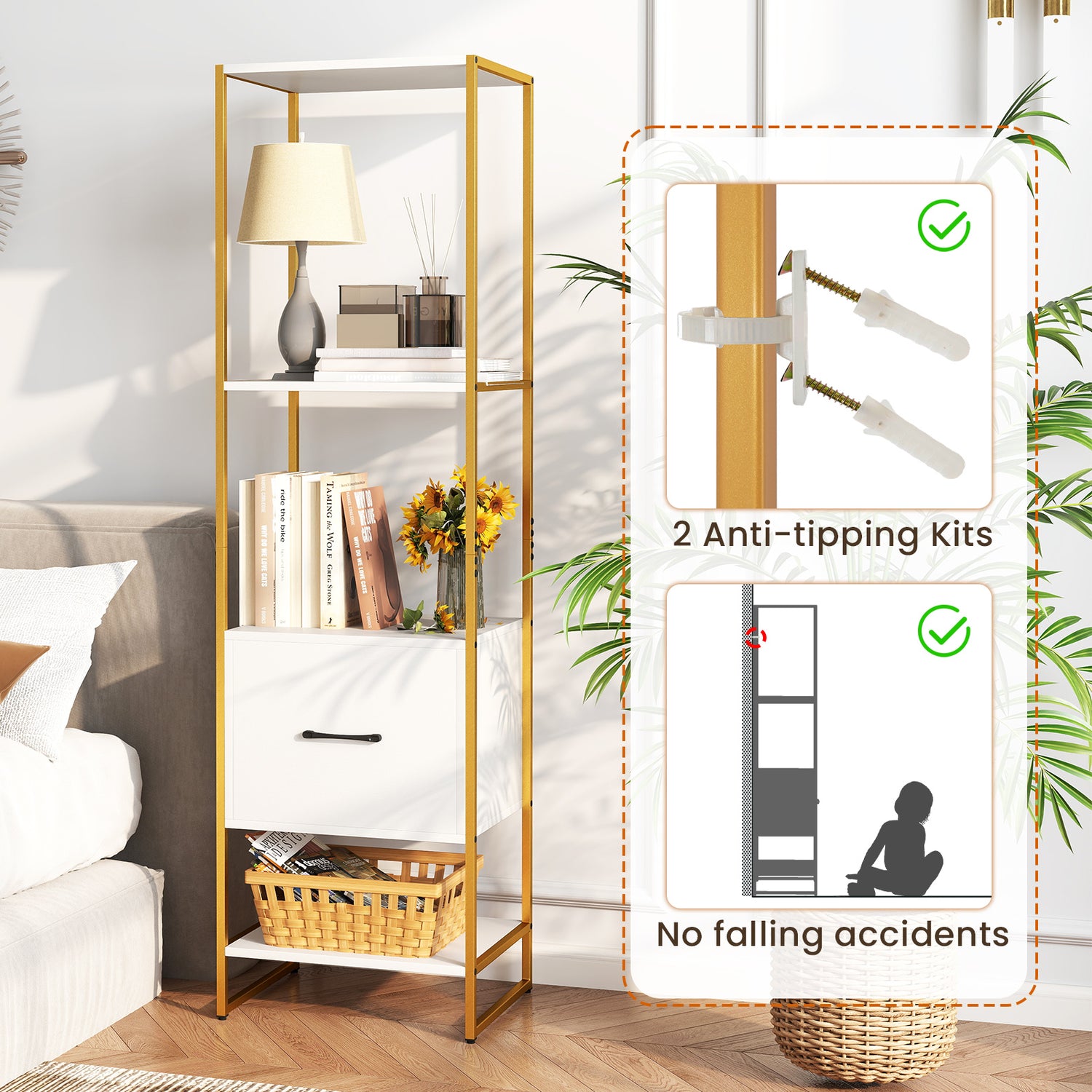 5-Tier Narrow Bookcase with 4 Open Shelves and Storage Drawer