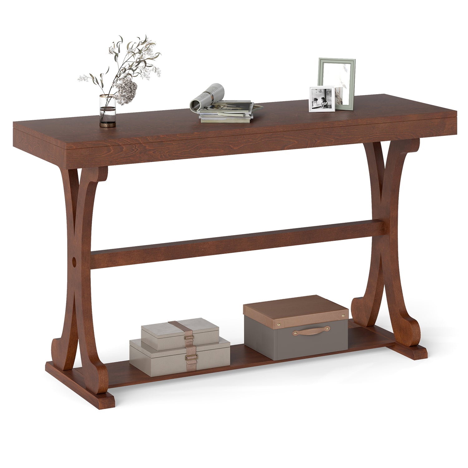 Narrow Console Table Vintage 52 Inch Long with Open Storage Shelf