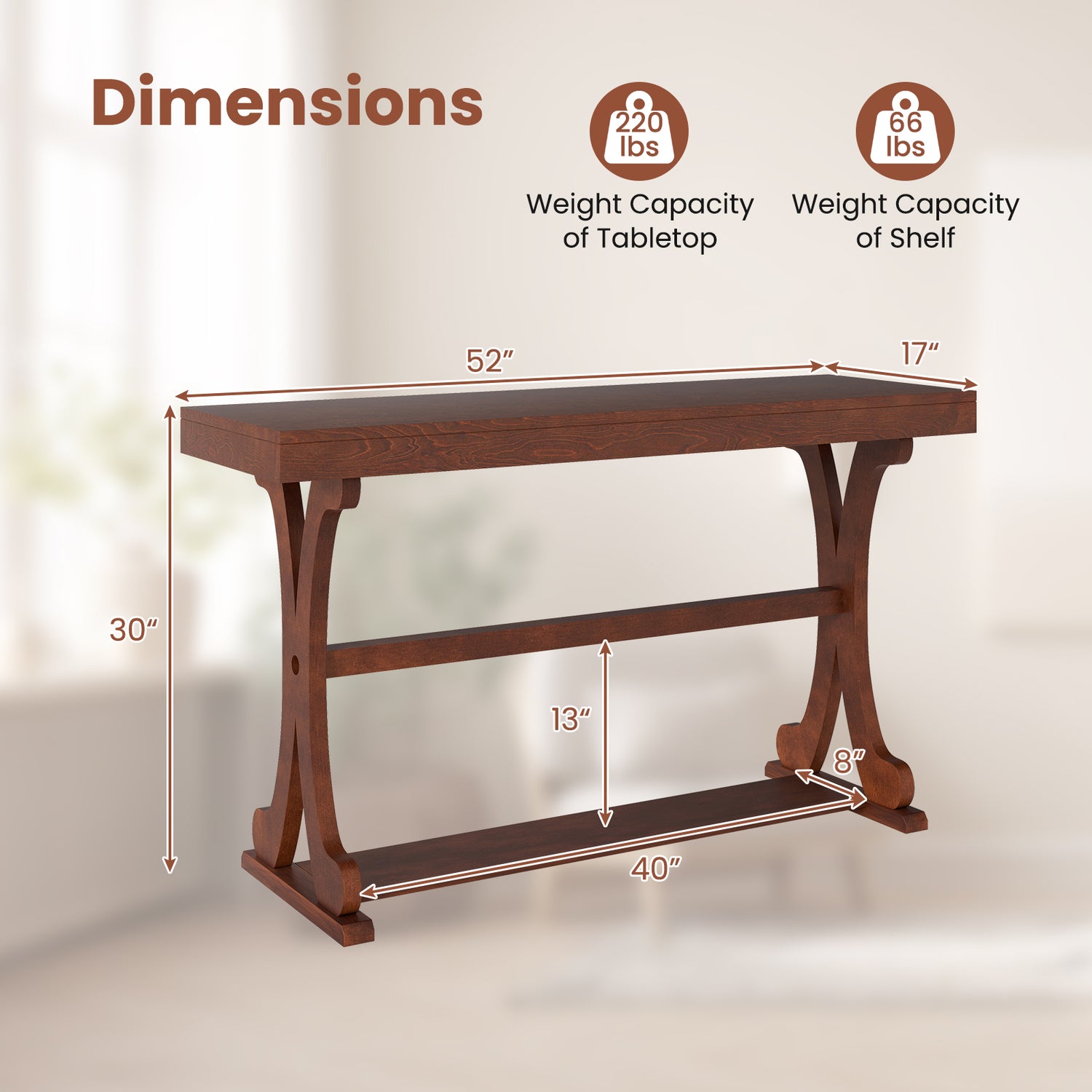 Narrow Console Table Vintage 52 Inch Long with Open Storage Shelf