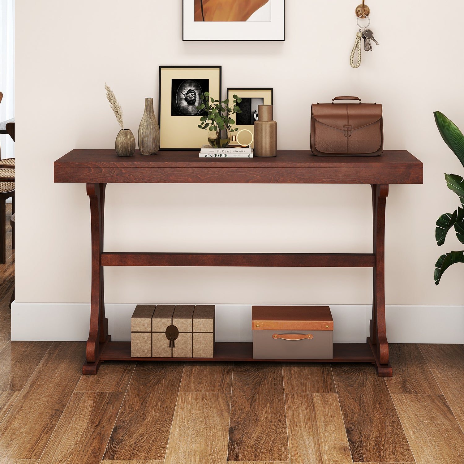 Narrow Console Table Vintage 52 Inch Long with Open Storage Shelf