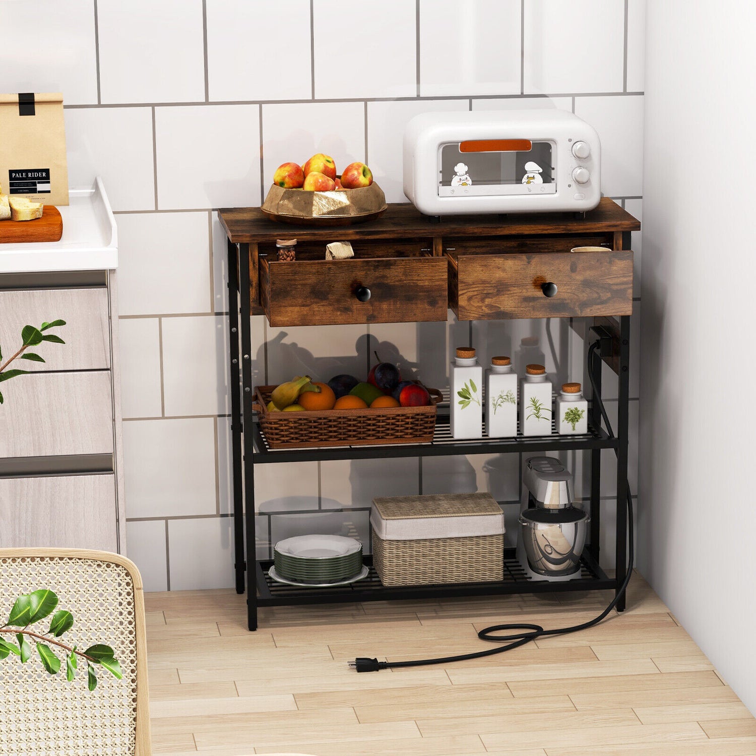Narrow Console Table with 2 Drawers and 2 Metal Mesh Shelves