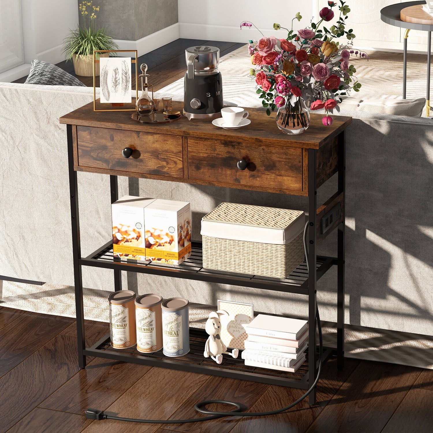 Narrow Console Table with 2 Drawers and 2 Metal Mesh Shelves