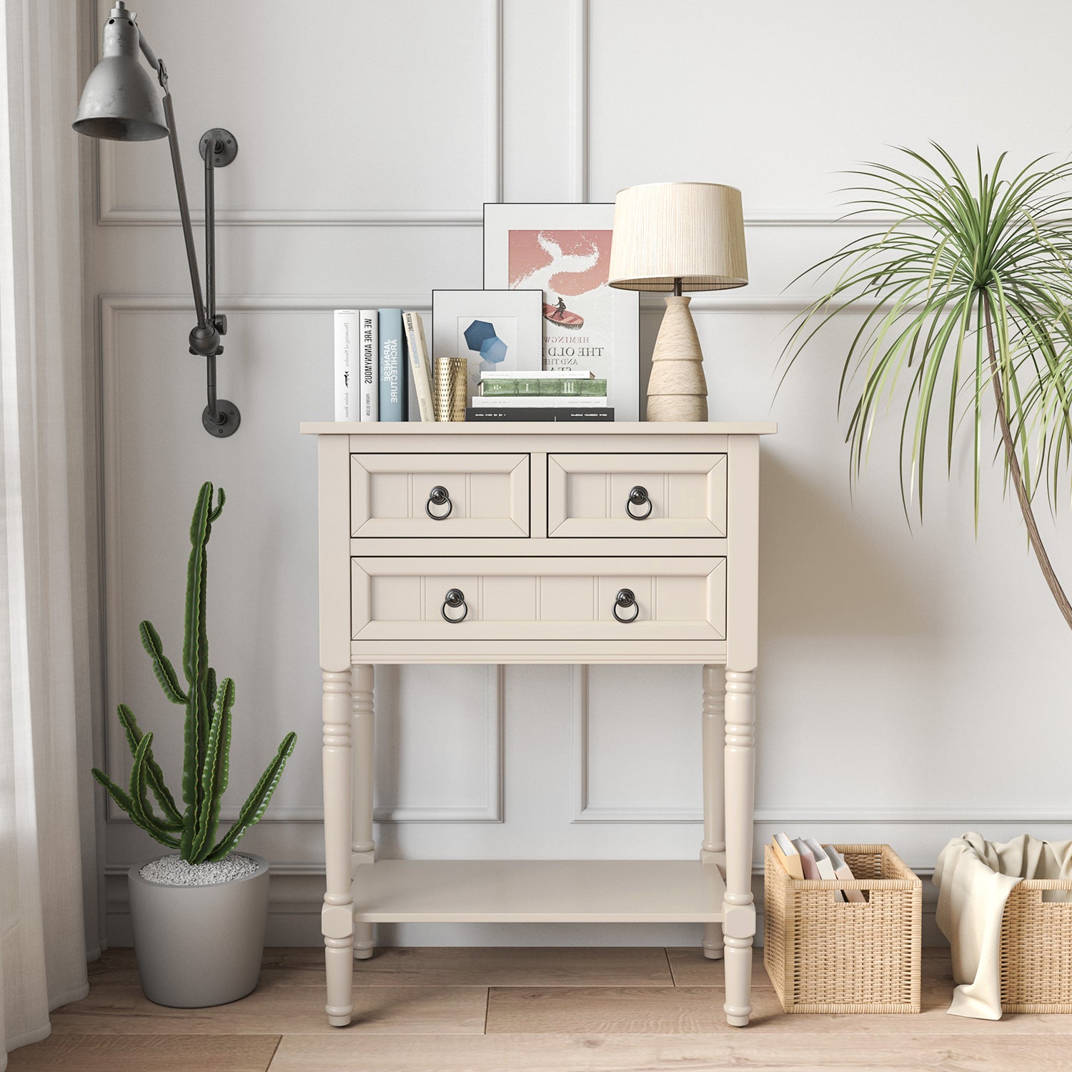 Narrow Console Table with 3 Storage Drawers and Open Bottom Shelf