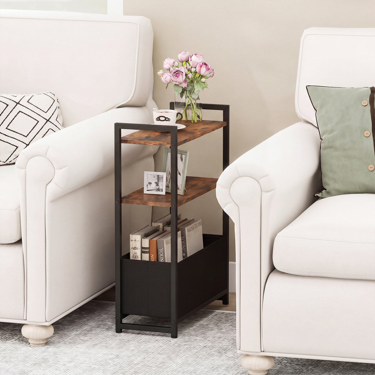 Narrow End Table with Storage Shelves and Metal Frame