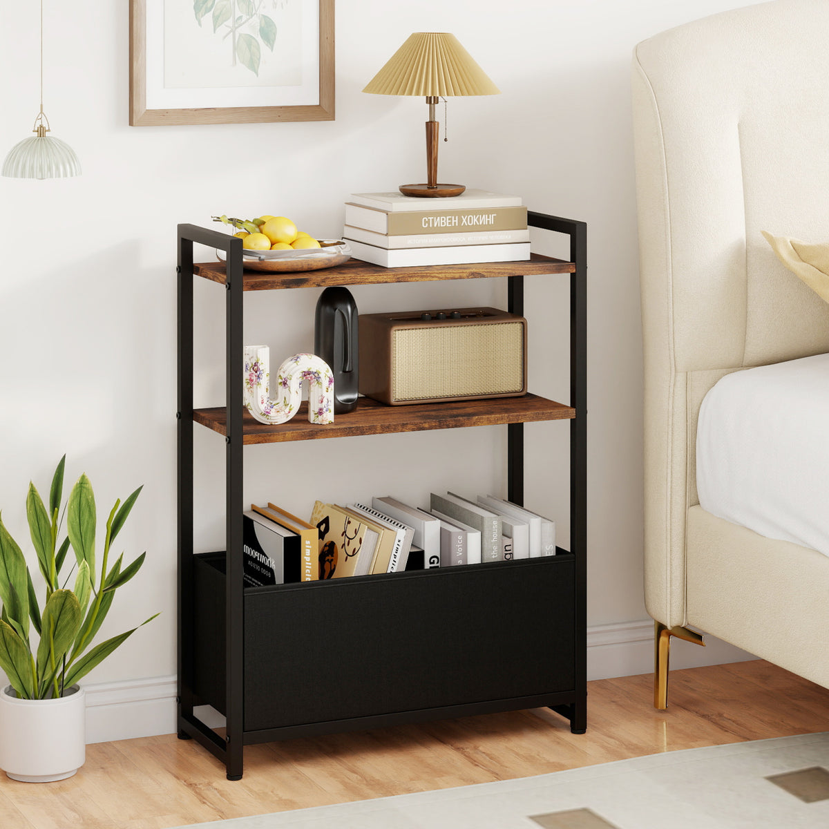Narrow End Table with Storage Shelves and Metal Frame