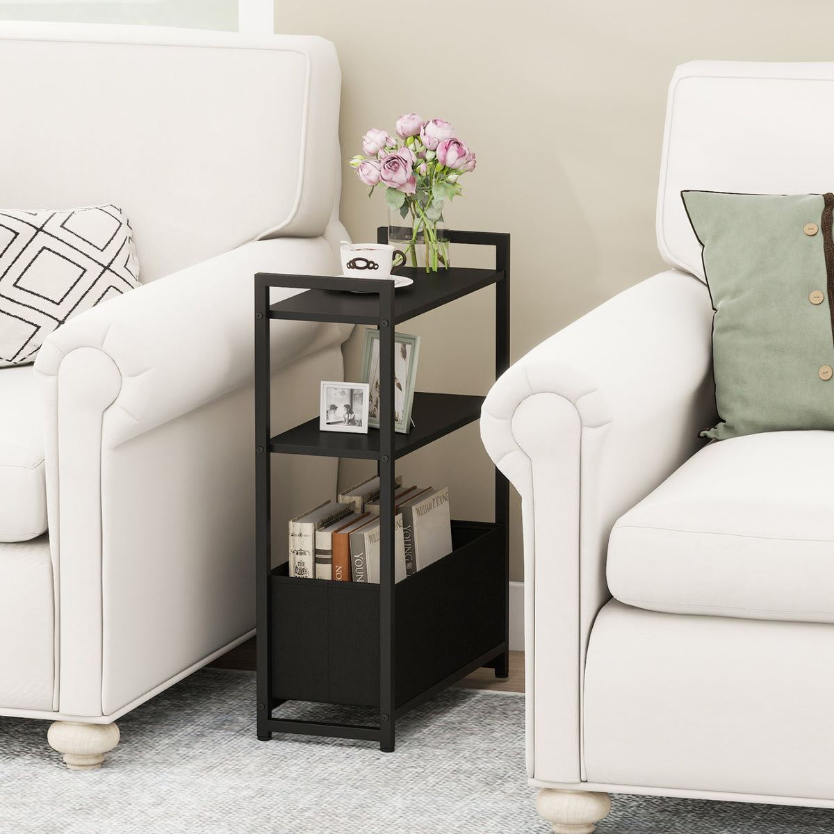 Narrow End Table with Storage Shelves and Metal Frame
