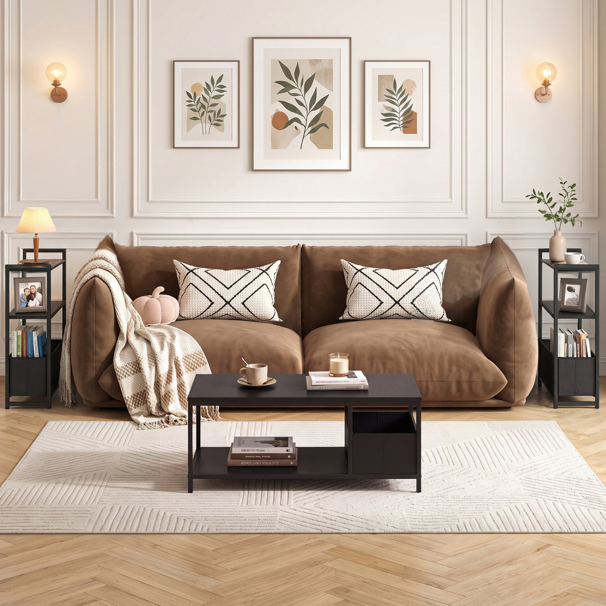 Narrow End Table with Storage Shelves and Metal Frame