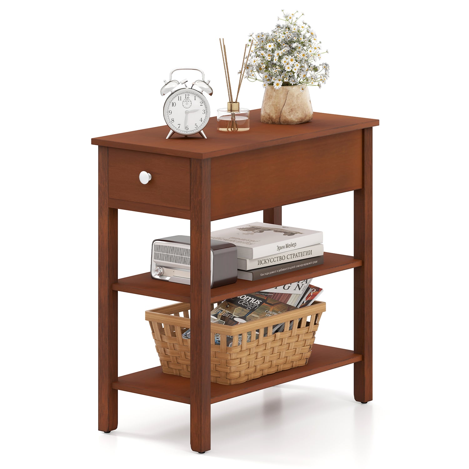 3-Tier Narrow End Table with Drawer and Storage Shelves